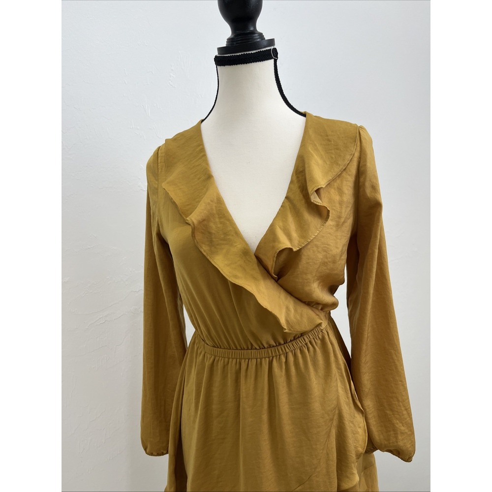 Express Faux Wrap Dress Womens XS Petite‎ Mustard Yellow Excellent Ruffle Mini - Picture 3 of 10